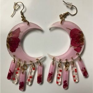 Crescent Moon Pink Dangly Earrings